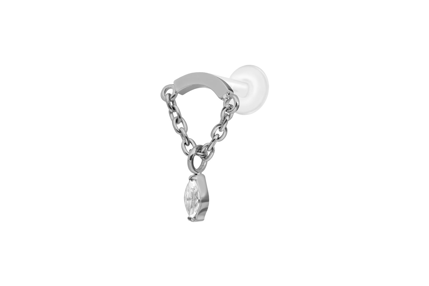 PTFE Labret Piercing mit Innengewinde + Titan-Aufsatz BOGEN + KETTE + KRISTALLTROPFEN